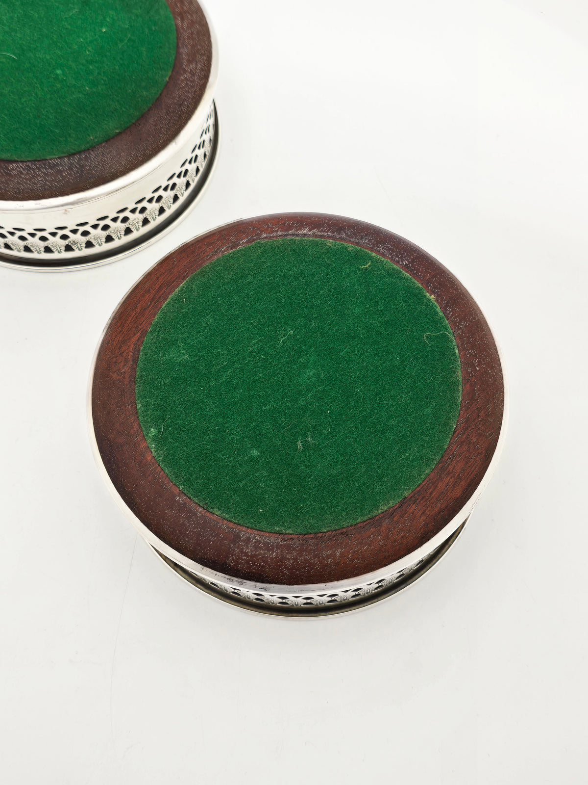 Pair Of Antique Silver Plated and Wood Wine Bottle Coasters – circa 1920