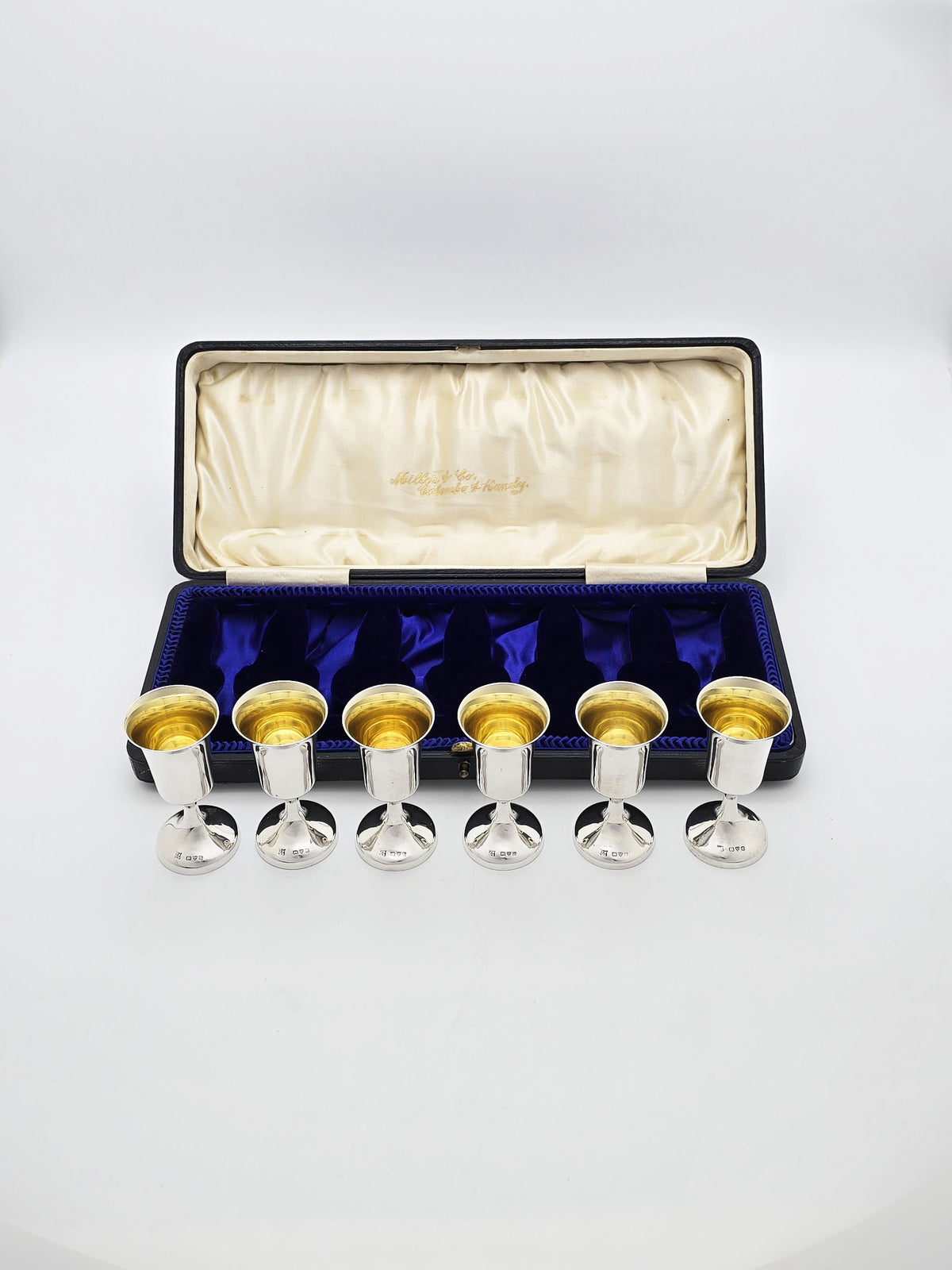 Antique George V Sterling Silver Set Of 6 Gilt Liqueur Goblets - 1911