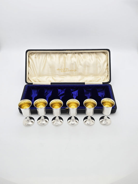 Antique George V Sterling Silver Set Of 6 Gilt Liqueur Goblets - 1911