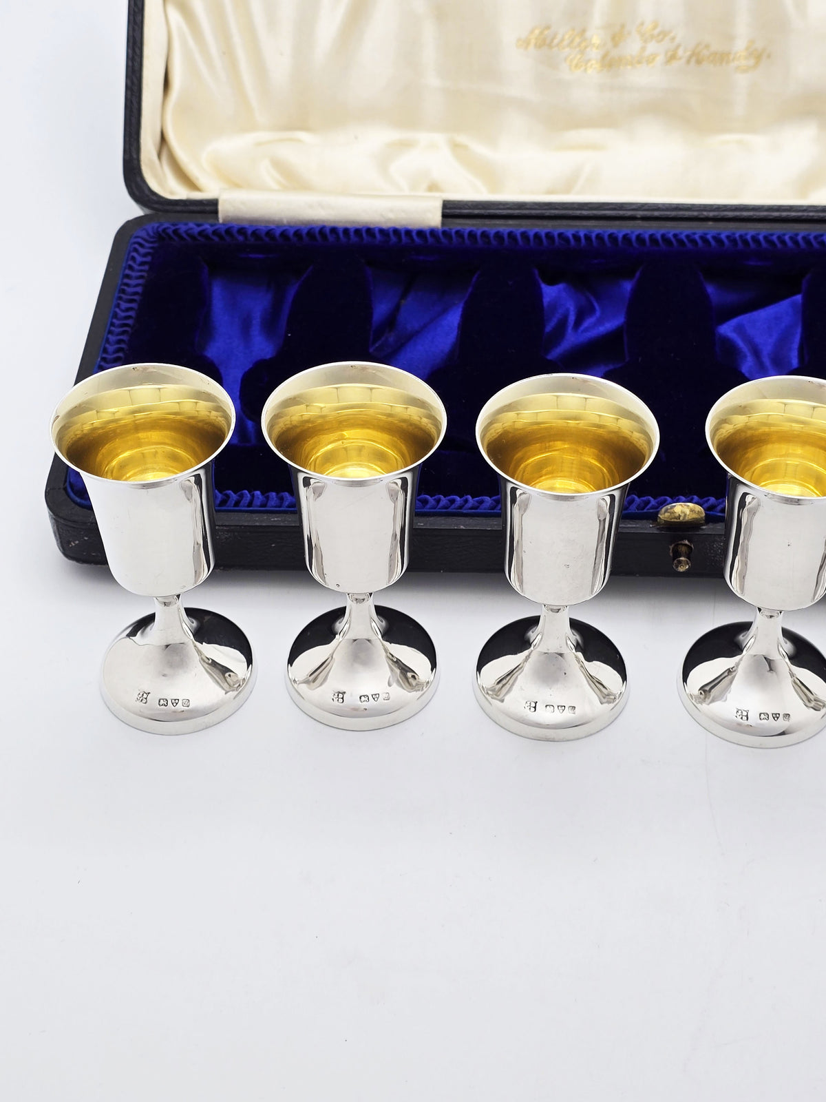 Antique George V Sterling Silver Set Of 6 Gilt Liqueur Goblets - 1911