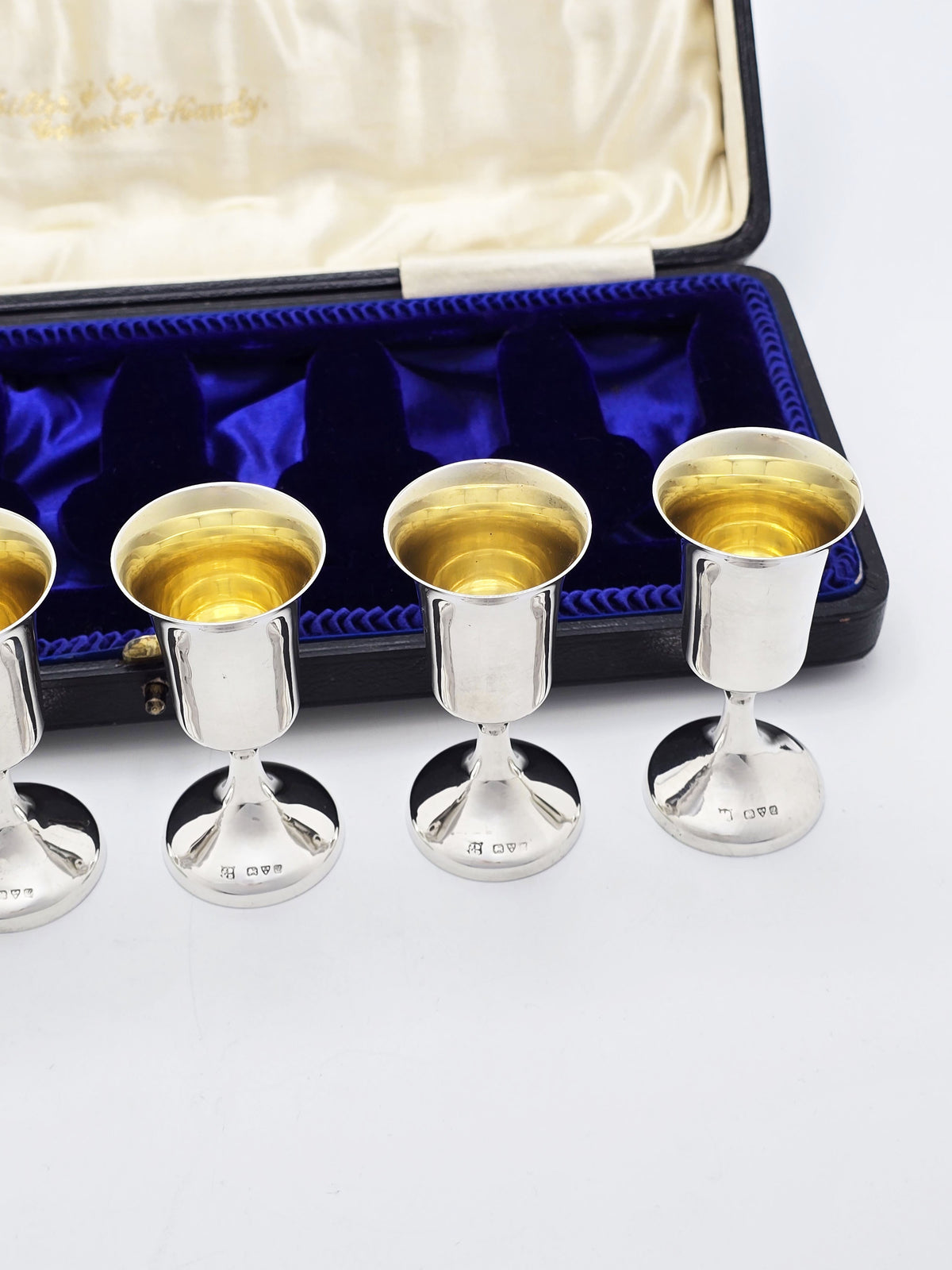 Antique George V Sterling Silver Set Of 6 Gilt Liqueur Goblets - 1911
