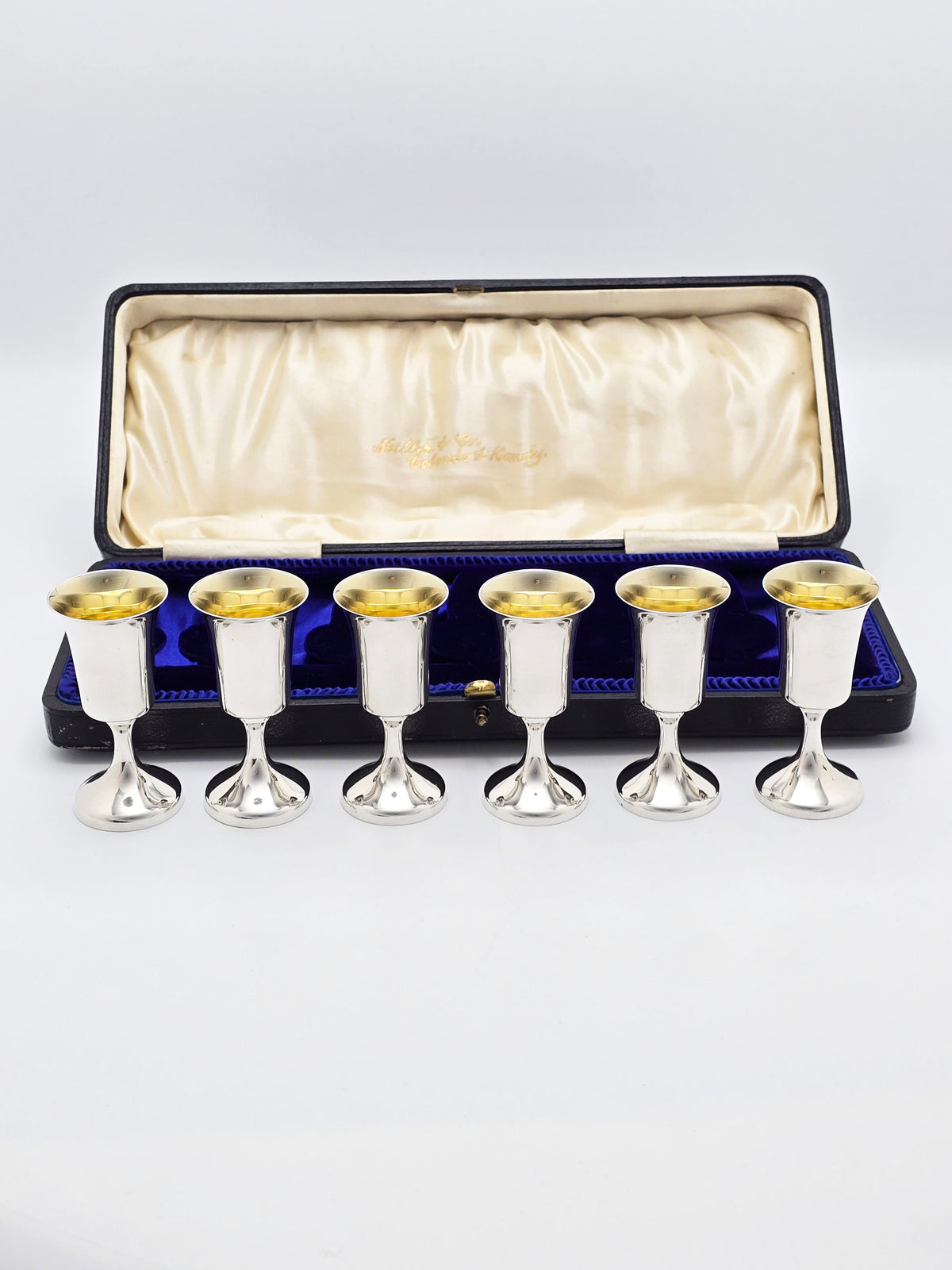 Antique George V Sterling Silver Set Of 6 Gilt Liqueur Goblets - 1911