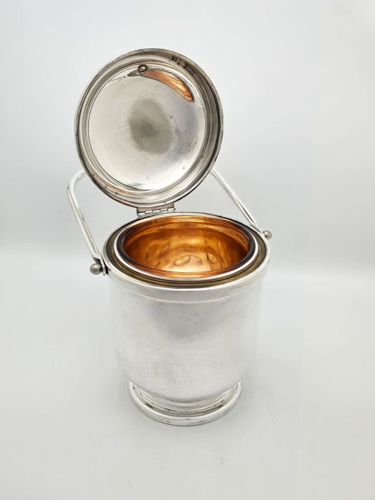 Vintage Silver Plated Ice Bucket with Amber Glass Liner and Hinged Lid – circa 1960