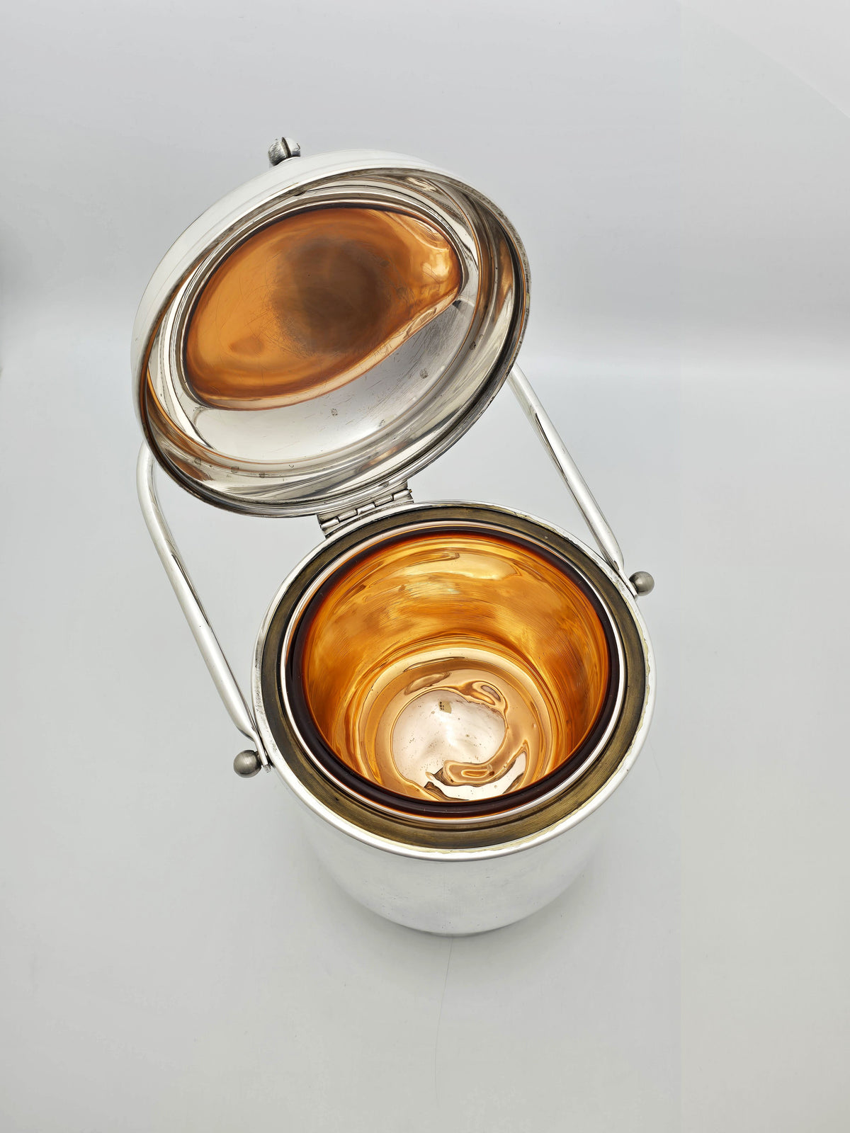 Vintage Silver Plated Ice Bucket with Amber Glass Liner and Hinged Lid – circa 1960