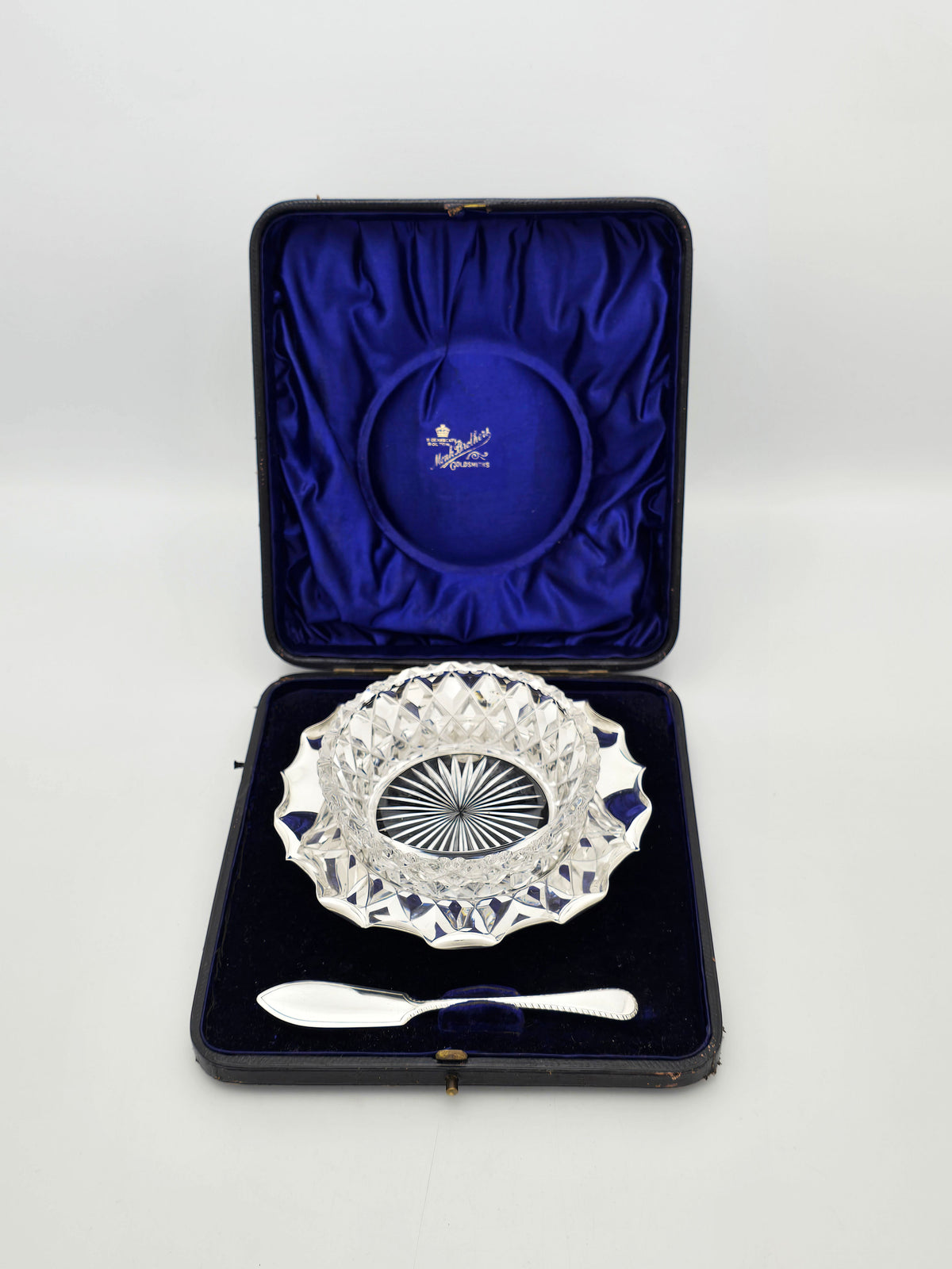 Antique Victorian Sterling Silver Cut Glass Butter Dish Set London 1895