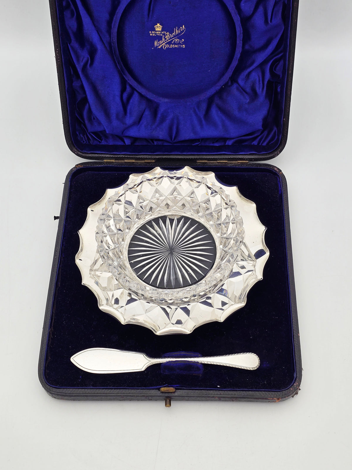 Antique Victorian Sterling Silver Cut Glass Butter Dish Set London 1895