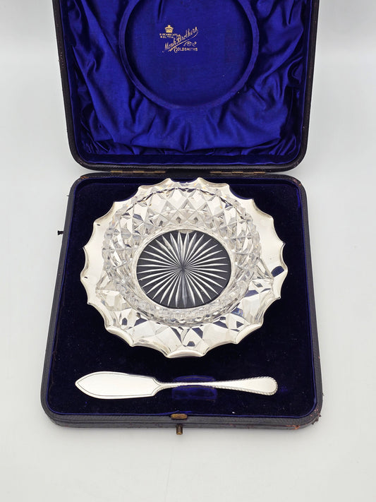 Antique Victorian Sterling Silver Cut Glass Butter Dish Set London 1895