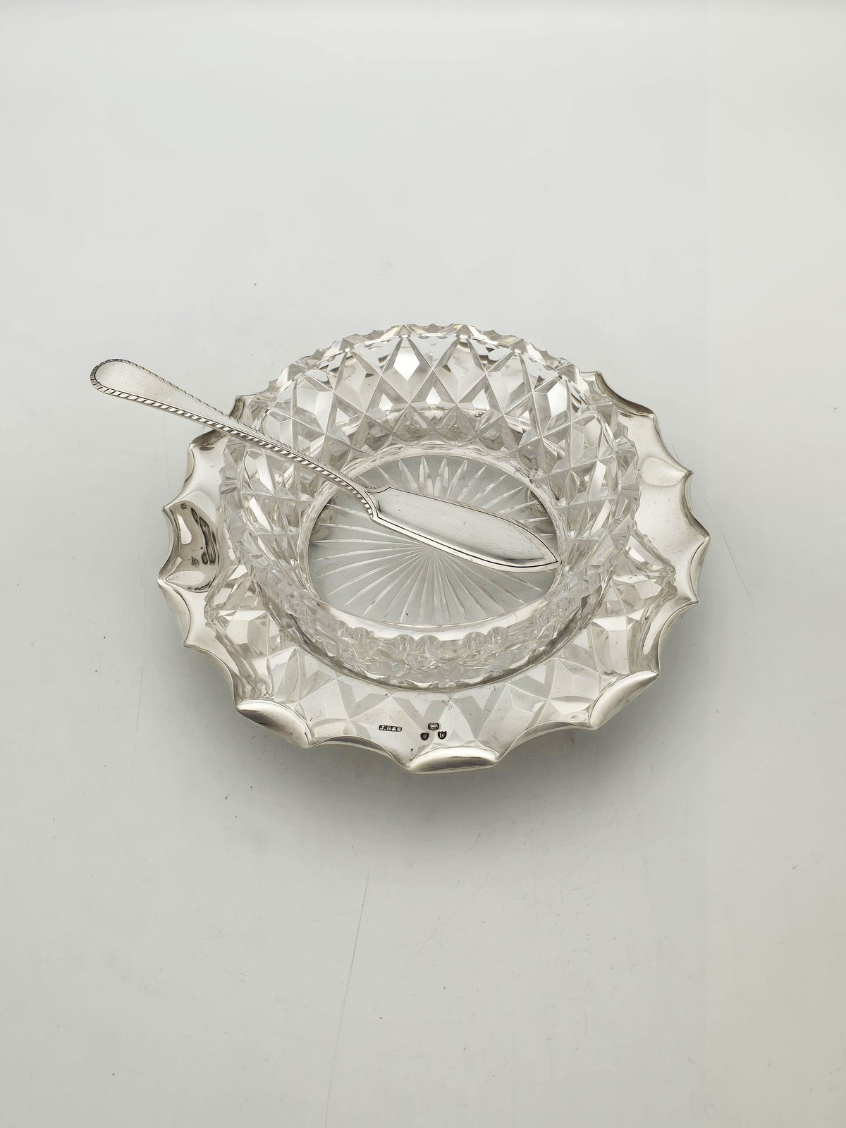 Antique Victorian Sterling Silver Cut Glass Butter Dish Set London 1895