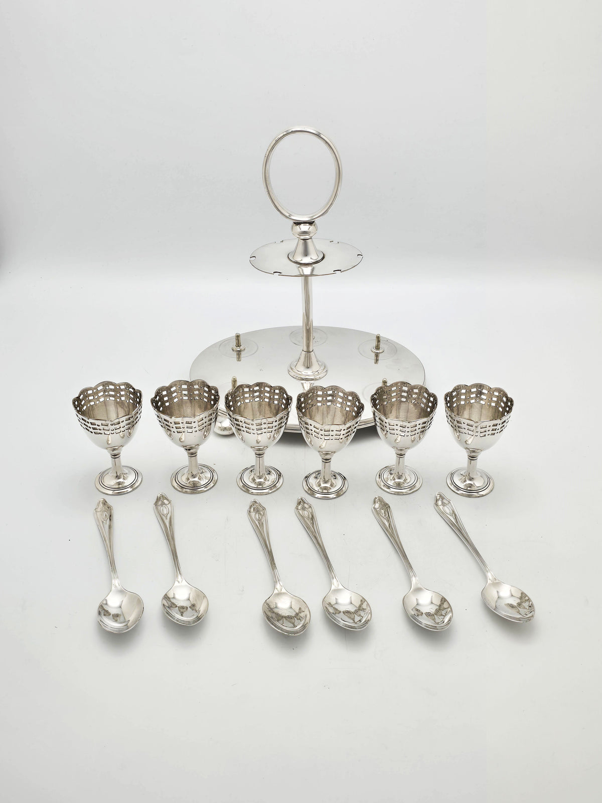 Antique Edwardian Silver Plated Six Place Egg Cruet with Spoons – circa 1905
