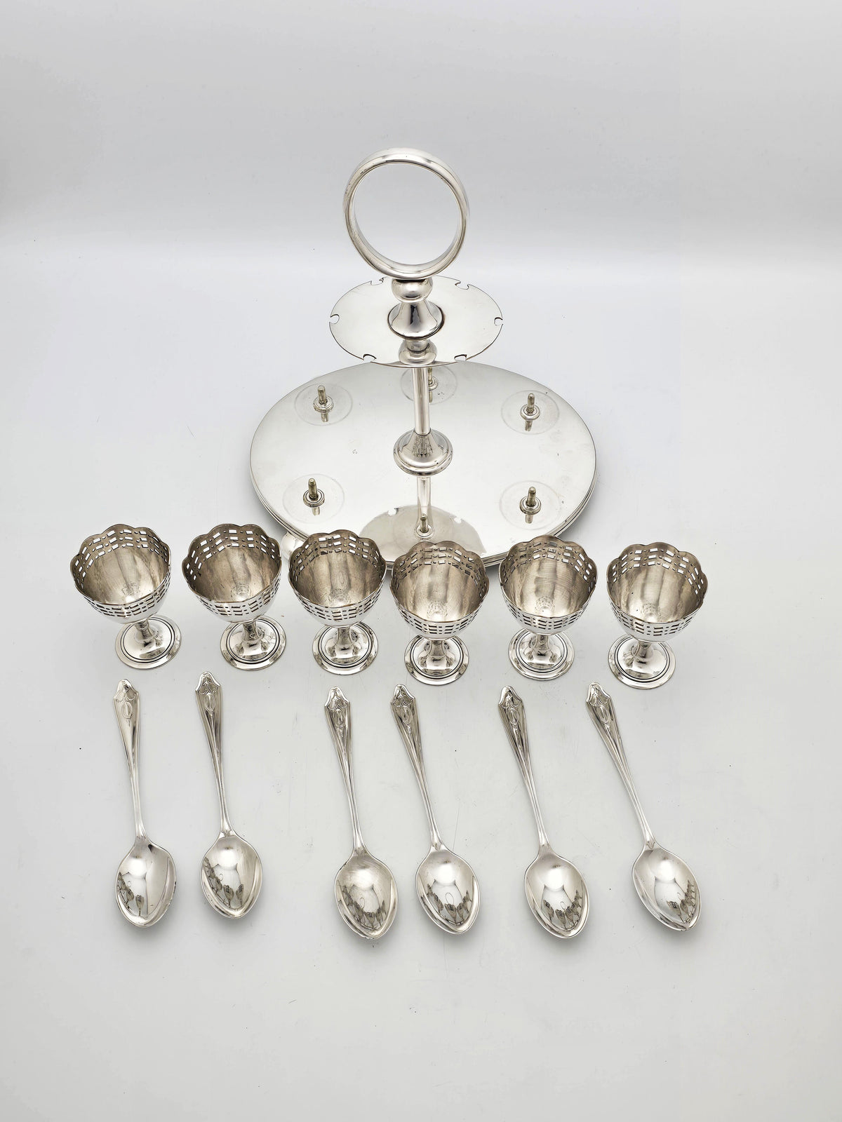 Antique Edwardian Silver Plated Six Place Egg Cruet with Spoons – circa 1905