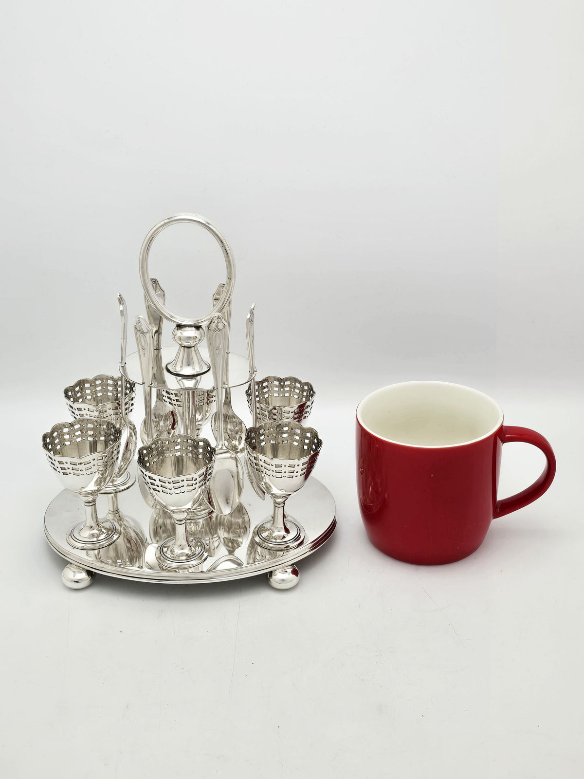 Antique Edwardian Silver Plated Six Place Egg Cruet with Spoons – circa 1905