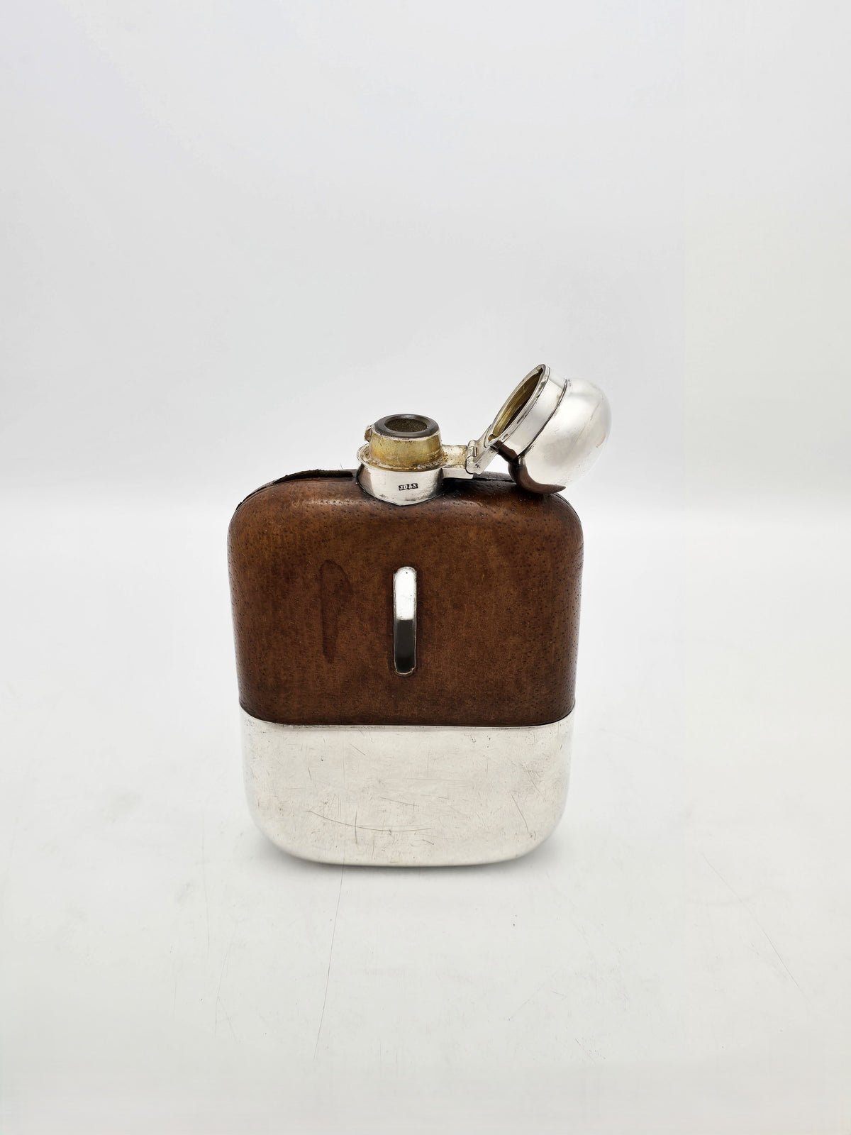 Antique Silver Plated Glass Leather Hip Flask with Shot Cup – circa 1920