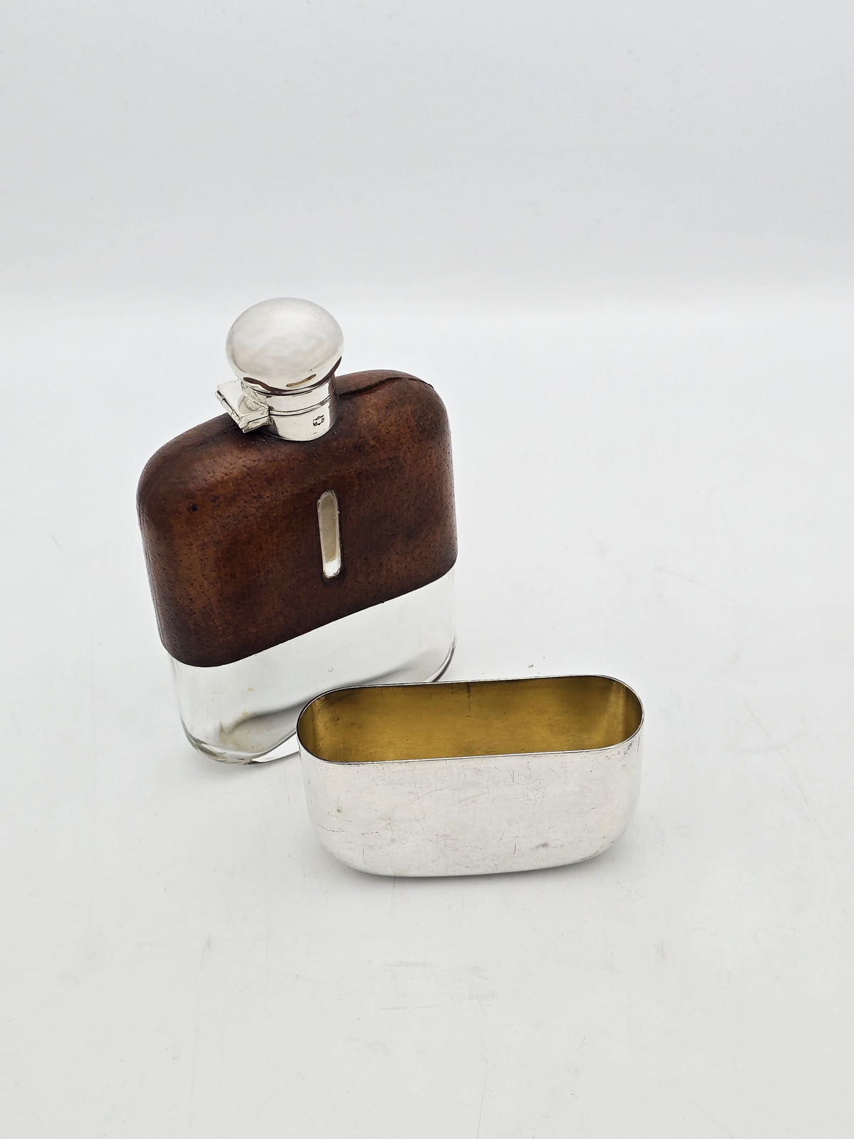 Antique Silver Plated Glass Leather Hip Flask with Shot Cup – circa 1920