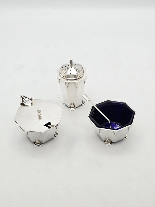 Art Deco Sterling Silver and Glass Cruet Set Birmingham 1935 Jubilee Mark