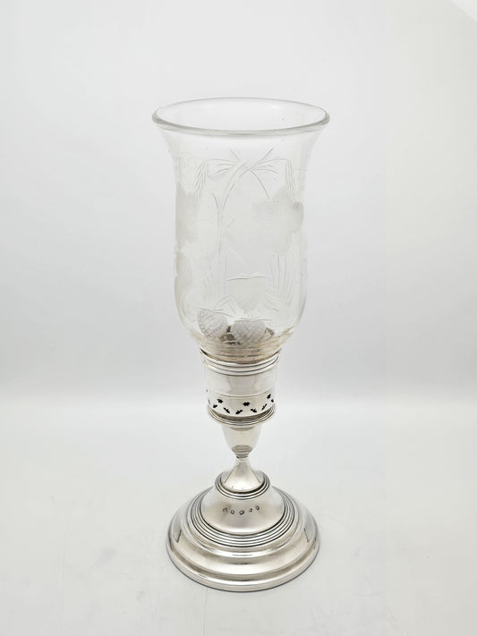 Vintage Sterling Silver and Engraved Glass Hurricane Lamp Sheffield 1977