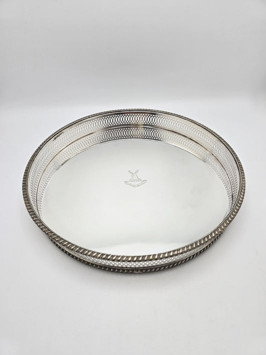 Antique Silver Plated Pierced Drinks Tray Engraved Stag circa 1920