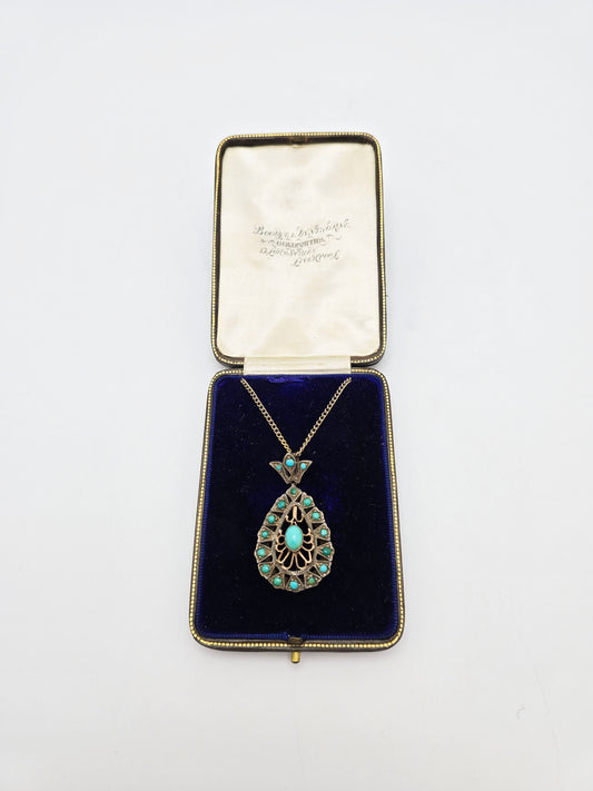 Antique Victorian Silver Turquoise Set Pendant Necklace – circa 1880