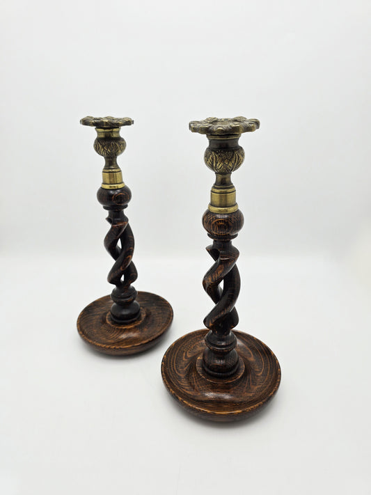 Antique Oak and Brass Barley Twist Candlesticks – circa 1920