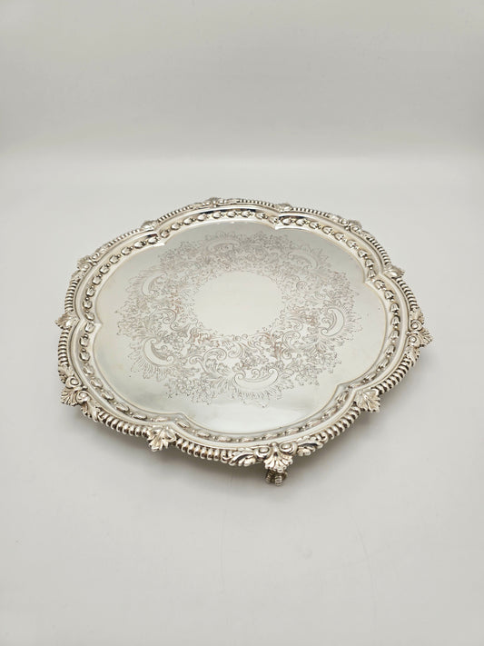 Antique Victorian Silver Plated Engraved Footed Serving Tray – circa 1880