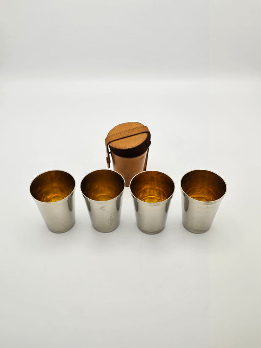Antique Nickel Gilt Interior Travel Beakers in Leather Case – circa 1920