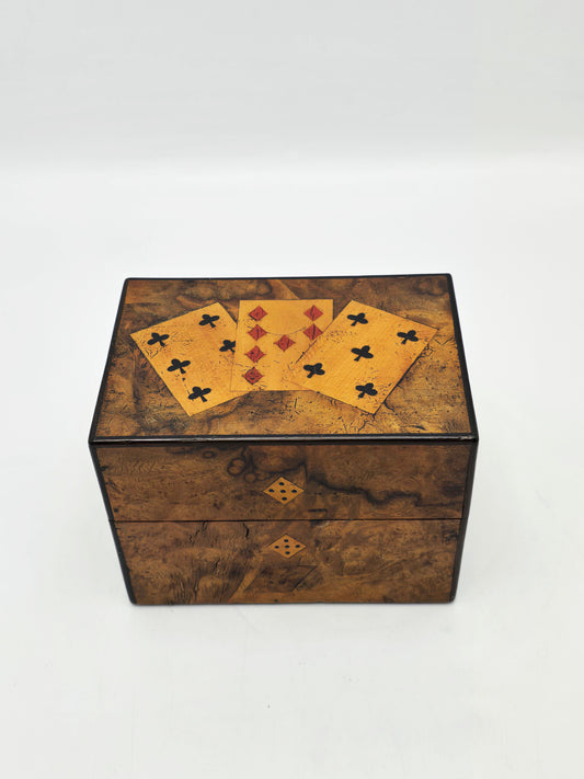 Antique Victorian Burr Walnut Card Box Inlaid Playing Card Motif circa 1880