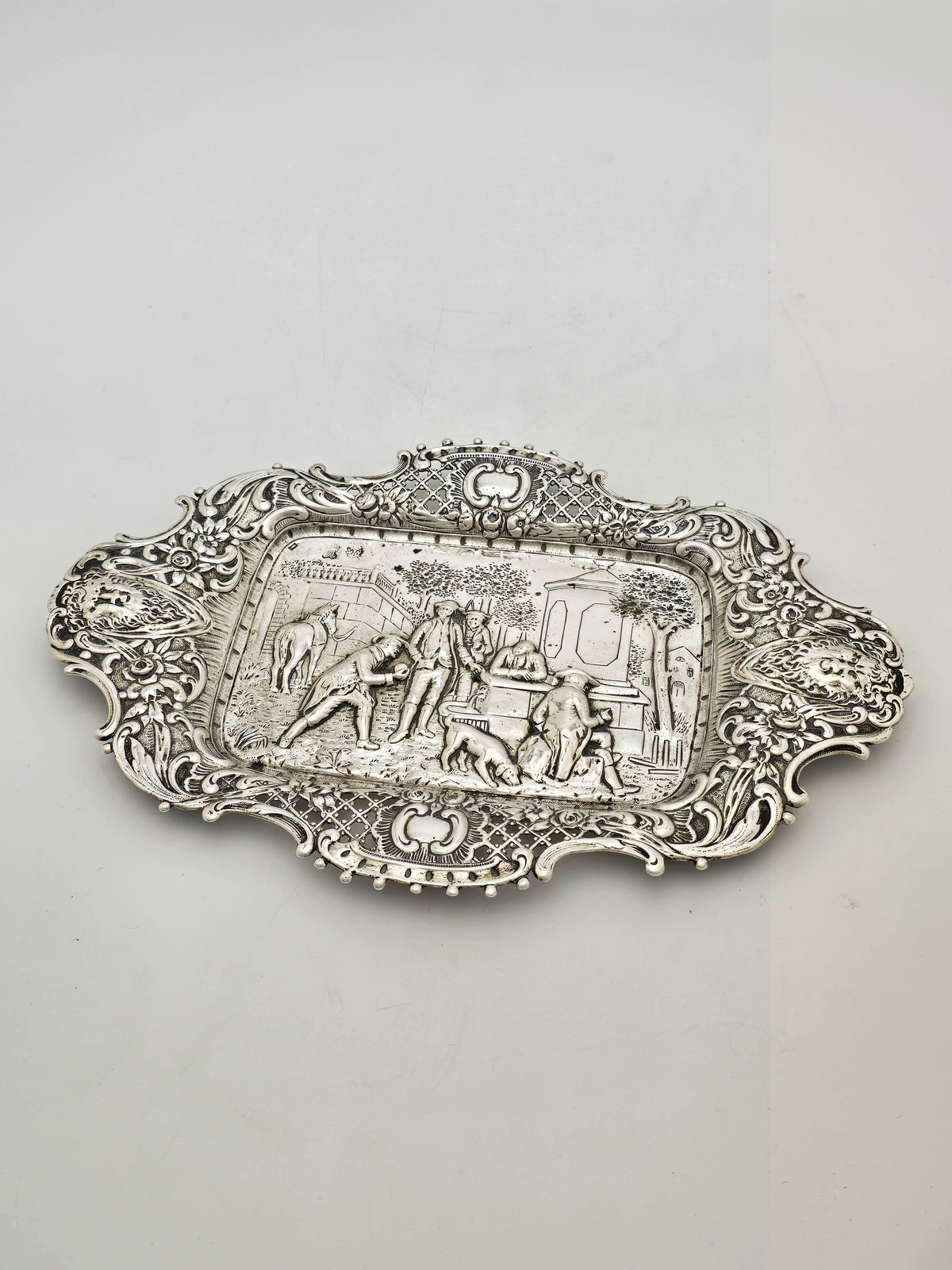 Antique Continental Silver Figural Tray with Pierced Floral Border – circa 1900