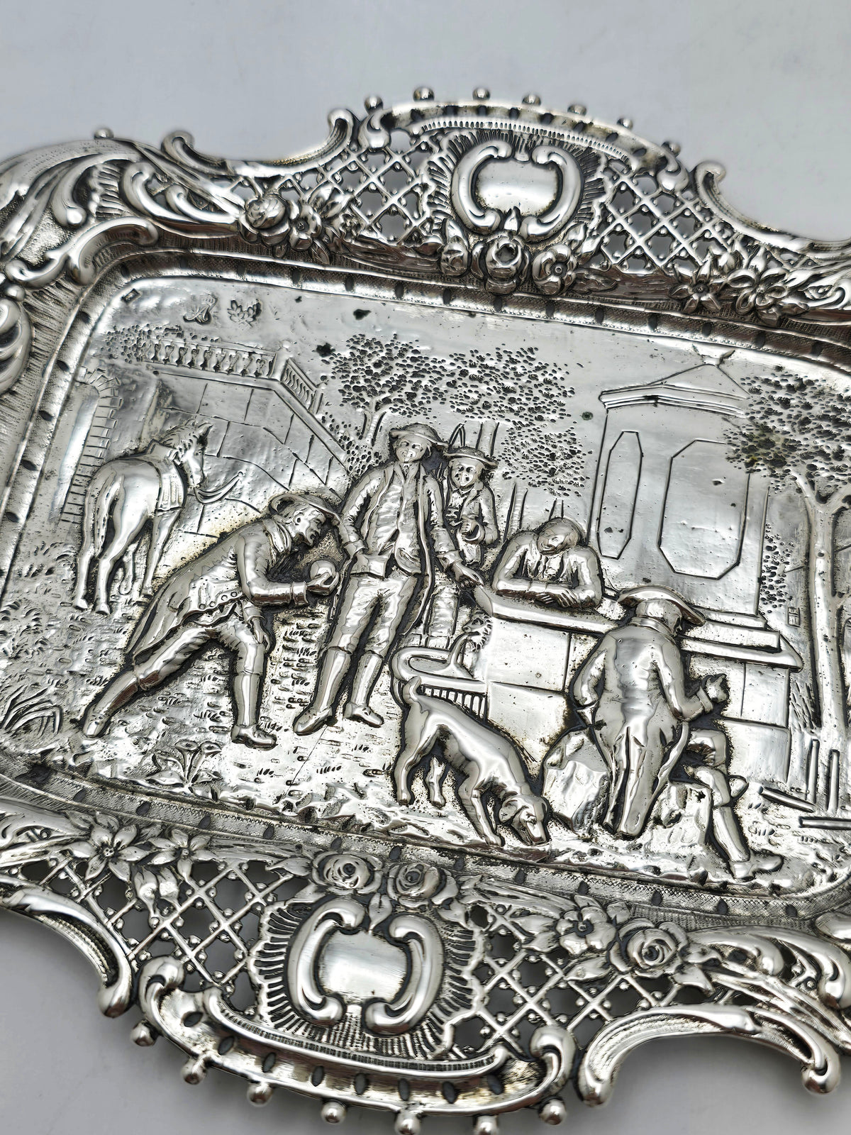 Antique Continental Silver Figural Tray with Pierced Floral Border – circa 1900