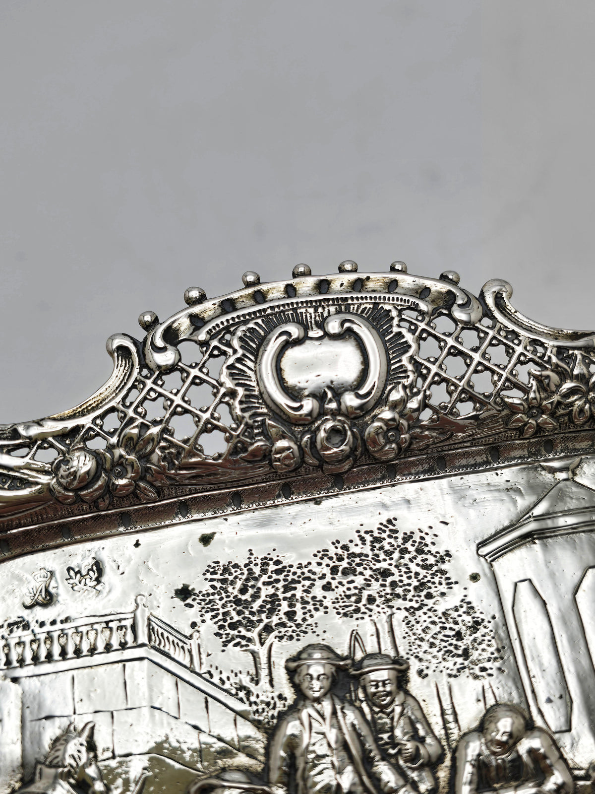 Antique Continental Silver Figural Tray with Pierced Floral Border – circa 1900