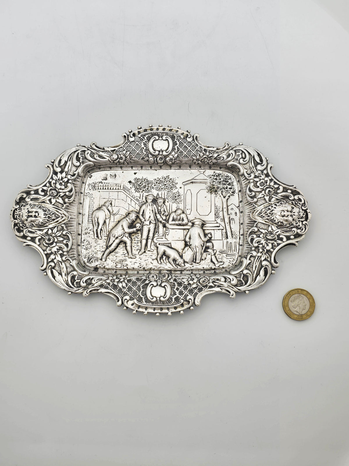 Antique Continental Silver Figural Tray with Pierced Floral Border – circa 1900
