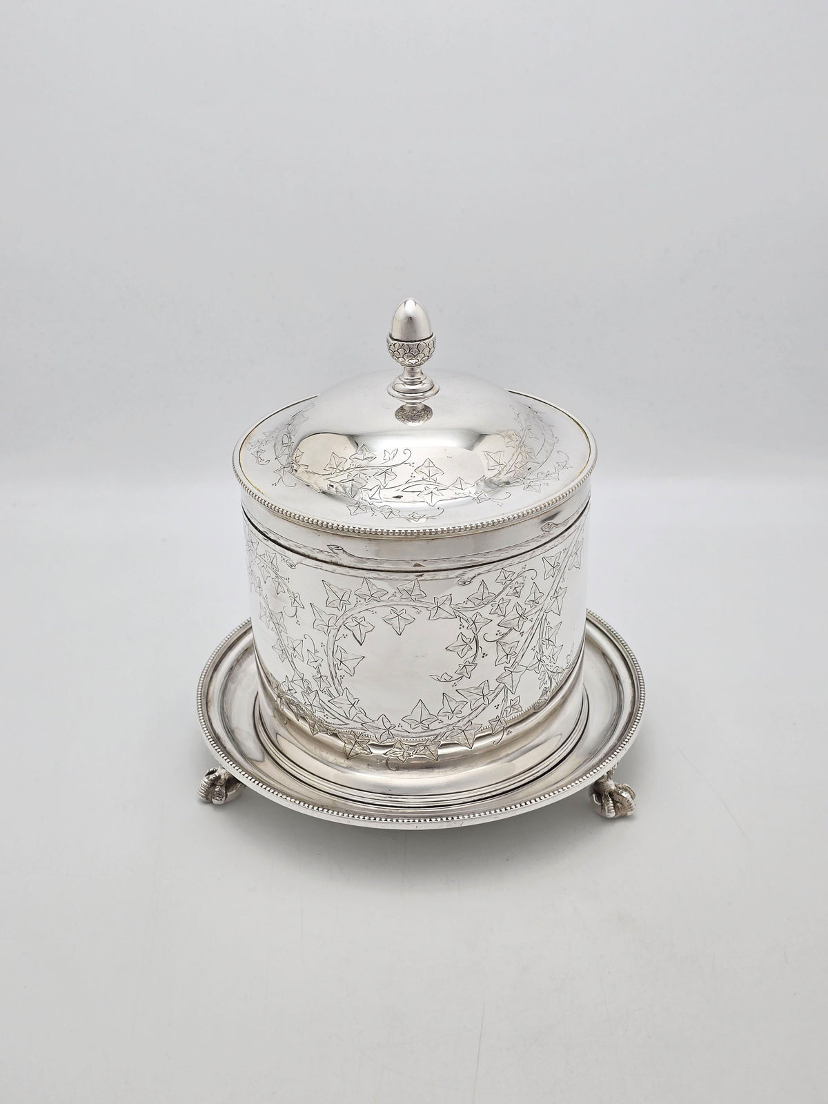 Antique Victorian Silver Plated Engraved Ivy Biscuit Box circa 1880