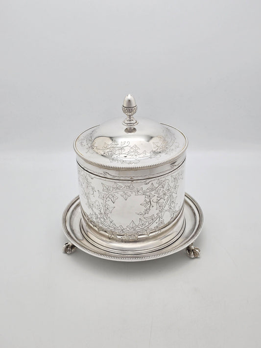 Antique Victorian Silver Plated Engraved Ivy Biscuit Box circa 1880