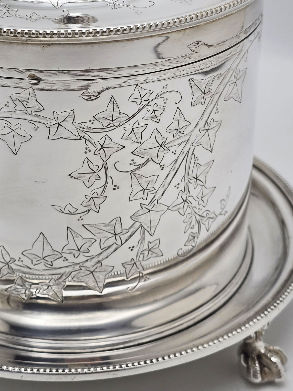 Antique Victorian Silver Plated Engraved Ivy Biscuit Box circa 1880