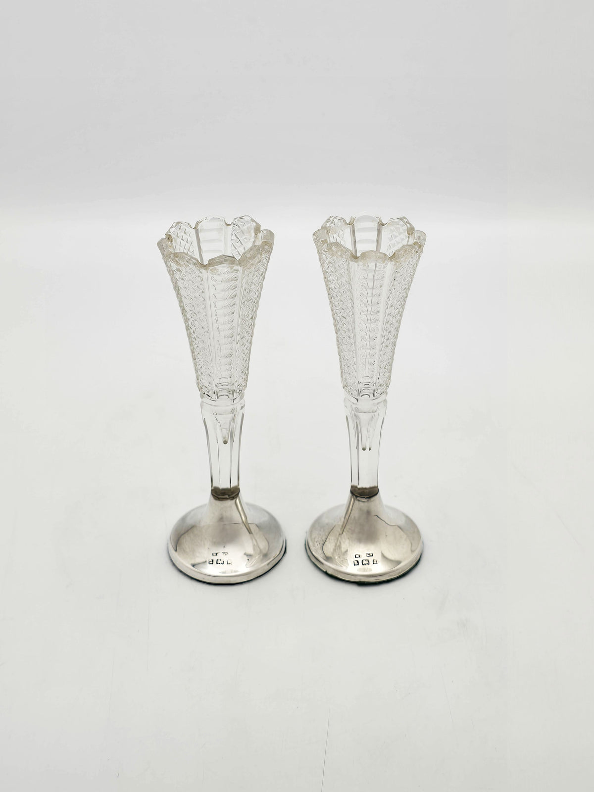 Antique Victorian Sterling Silver and Cut Glass Posy Vases Birmingham 1900