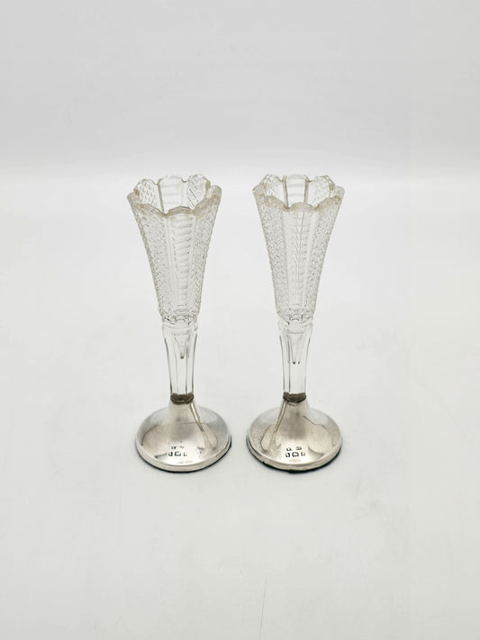 Antique Victorian Sterling Silver and Cut Glass Posy Vases Birmingham 1900