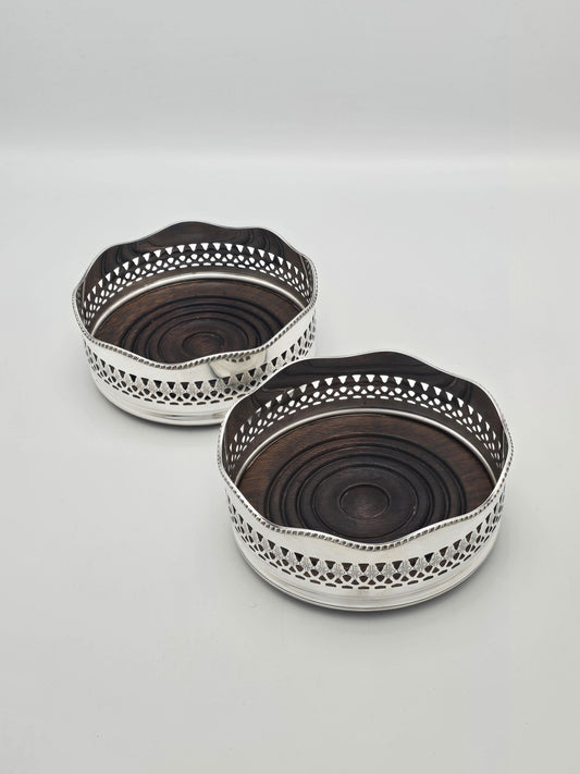 Antique Silver Plated and Mahogany Pierced Wine Bottle Coasters circa 1920