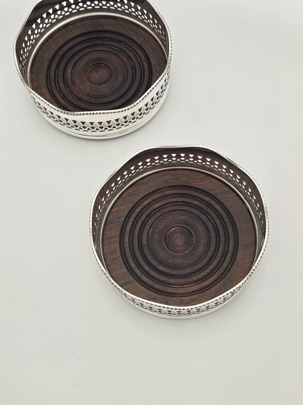 Antique Silver Plated and Mahogany Pierced Wine Bottle Coasters circa 1920