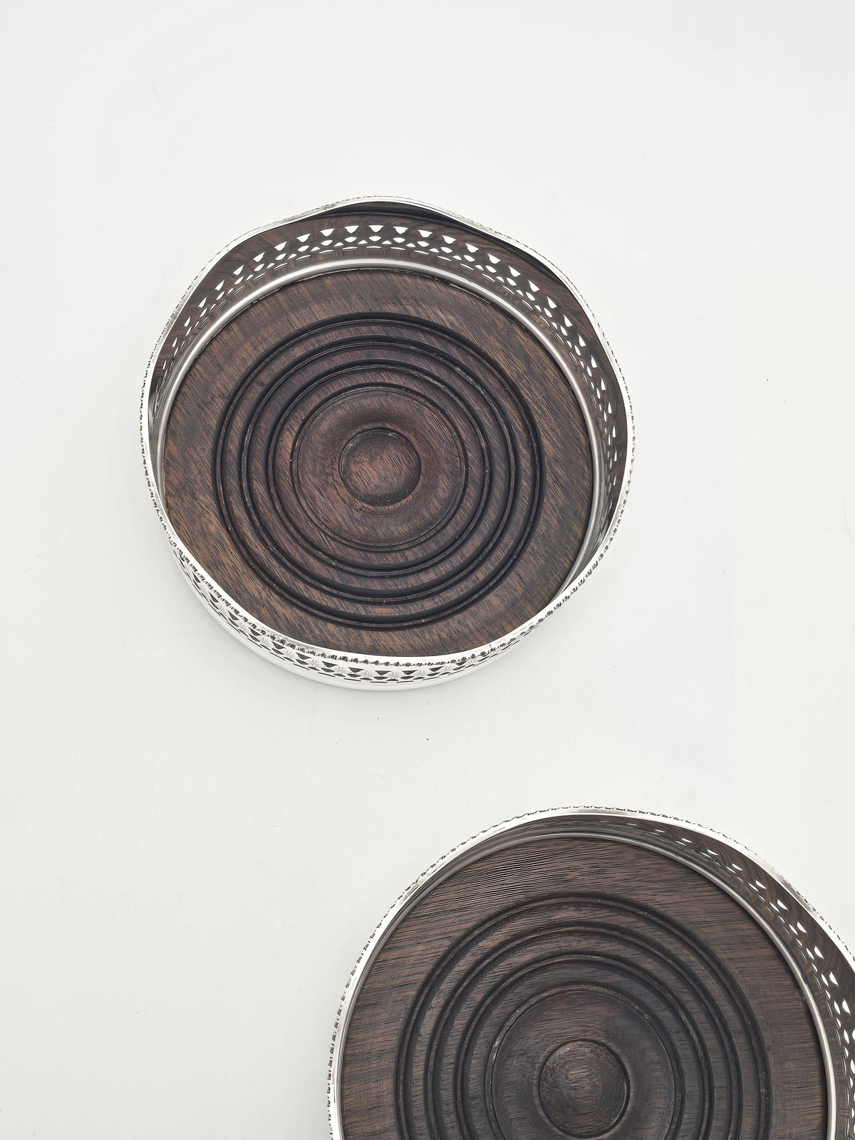 Antique Silver Plated and Mahogany Pierced Wine Bottle Coasters circa 1920