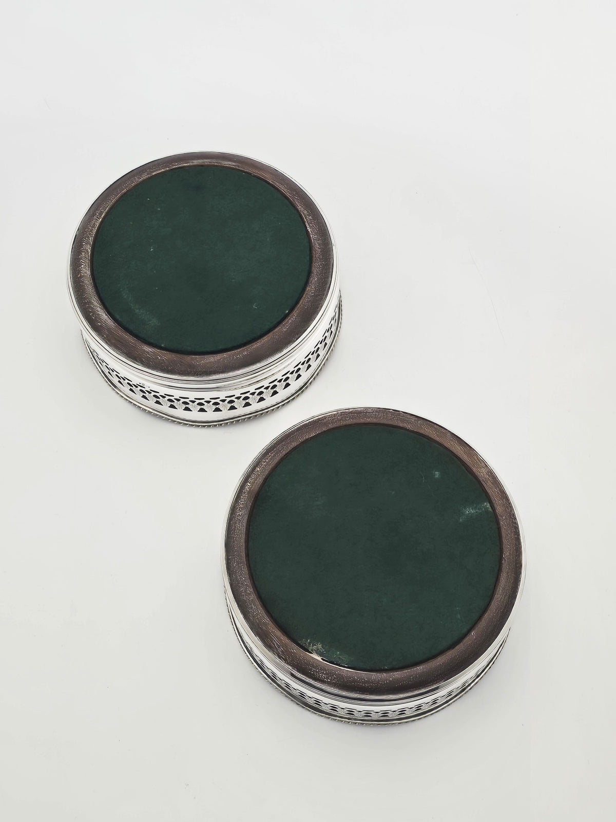 Antique Silver Plated and Mahogany Pierced Wine Bottle Coasters circa 1920
