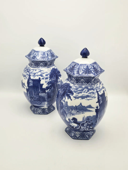 Antique China Blue Transfer Print Large Lidded Vases circa 1920