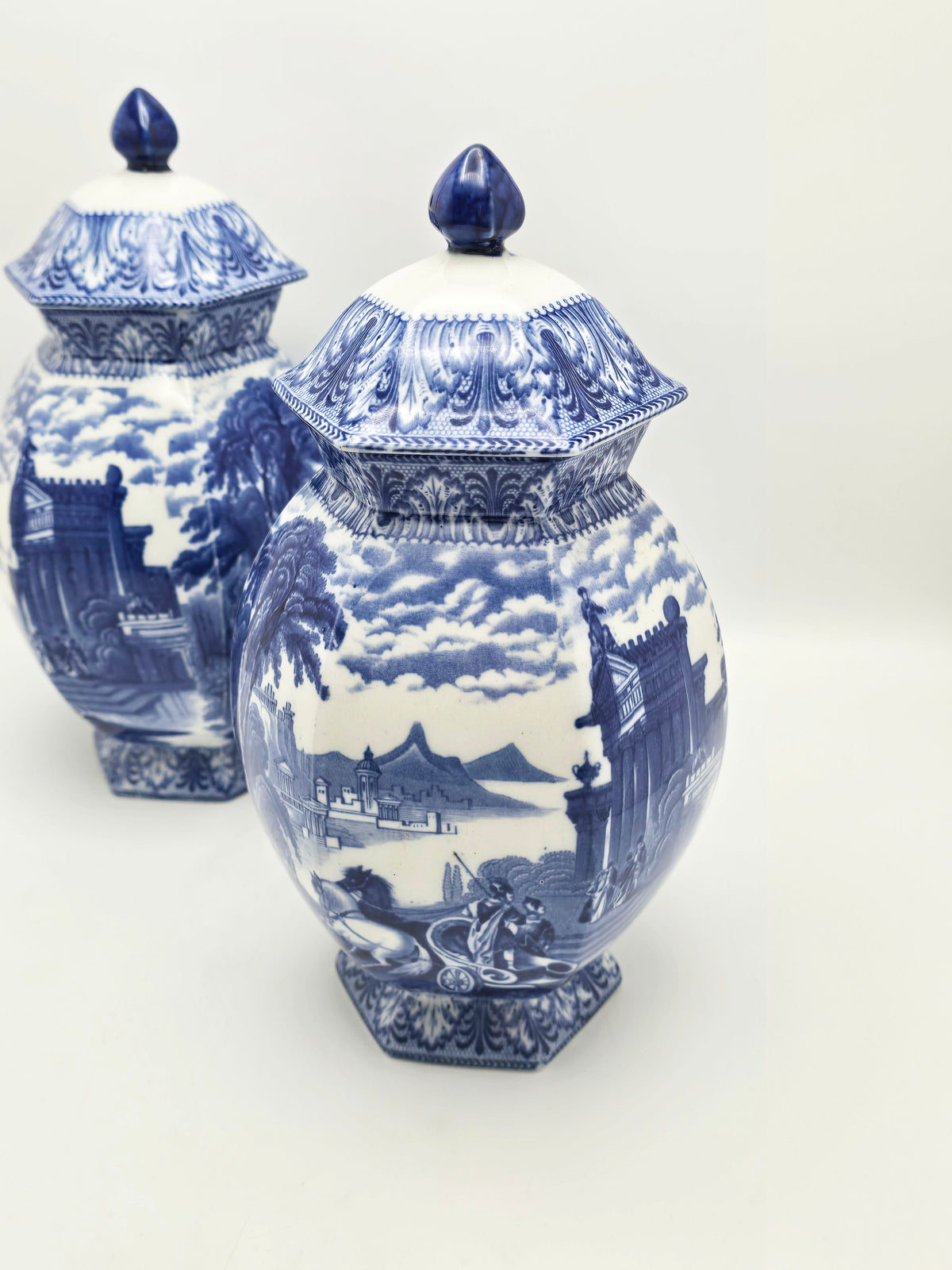 Antique China Blue Transfer Print Large Lidded Vases circa 1920