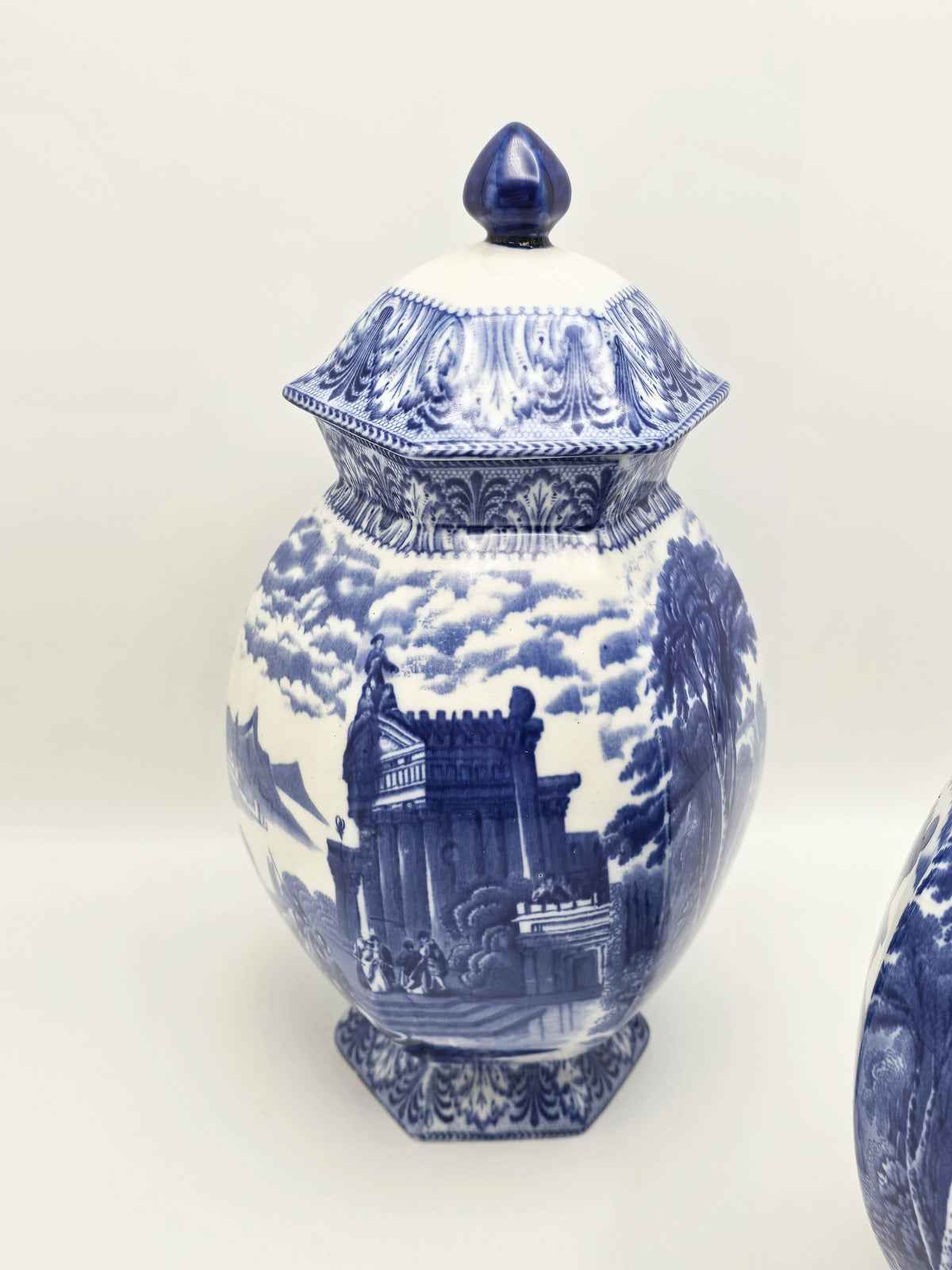 Antique China Blue Transfer Print Large Lidded Vases circa 1920