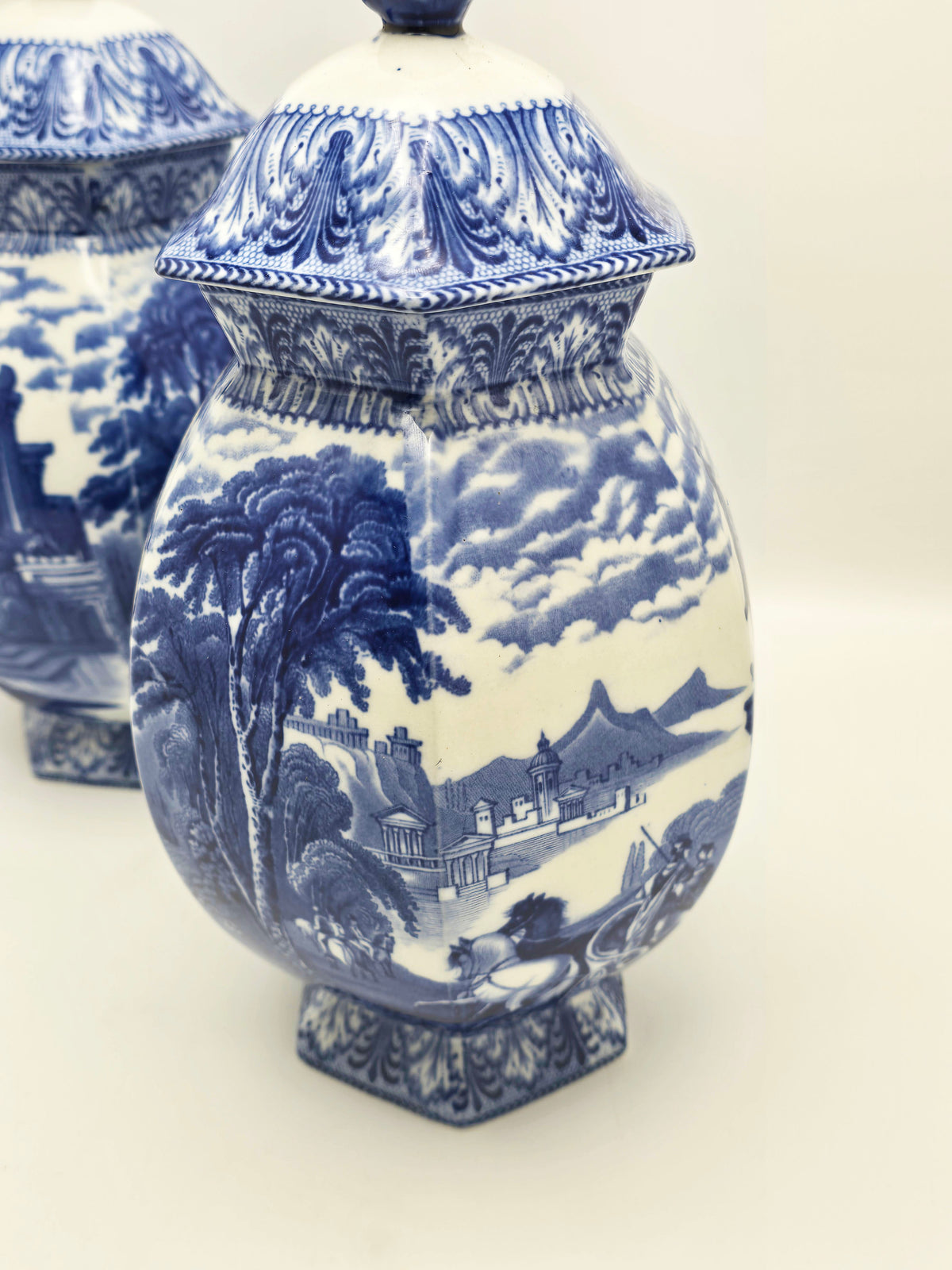 Antique China Blue Transfer Print Large Lidded Vases circa 1920