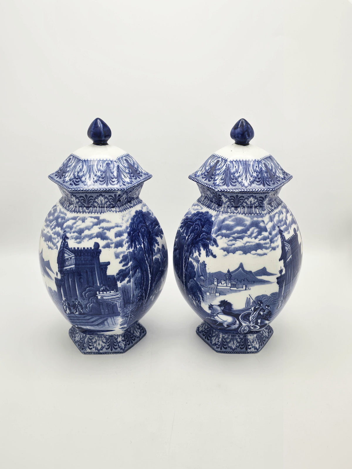 Antique China Blue Transfer Print Large Lidded Vases circa 1920