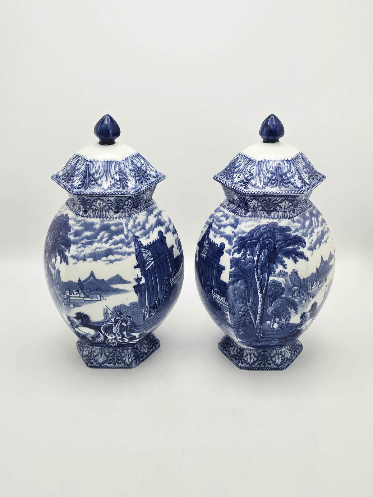 Antique China Blue Transfer Print Large Lidded Vases circa 1920