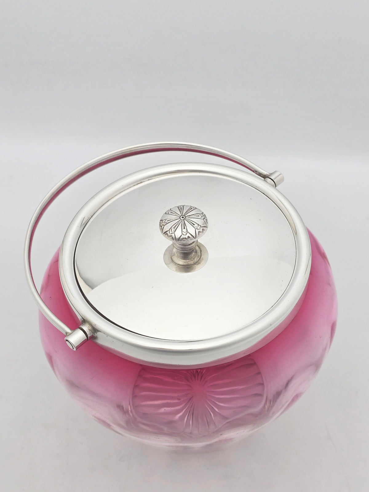 Antique Edwardian Silver Plated Cranberry Glass Biscuit Barrel circa 1905