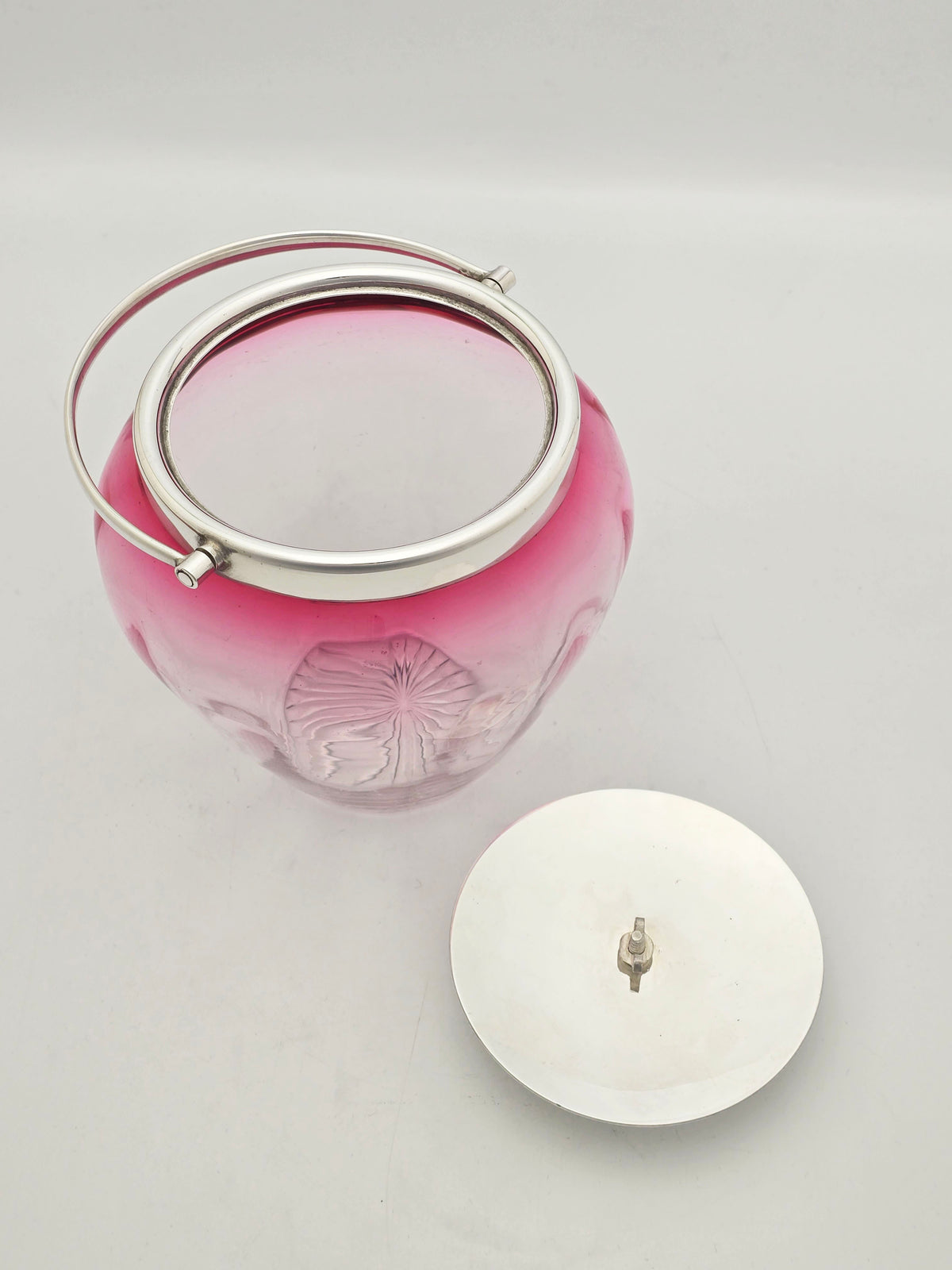 Antique Edwardian Silver Plated Cranberry Glass Biscuit Barrel circa 1905