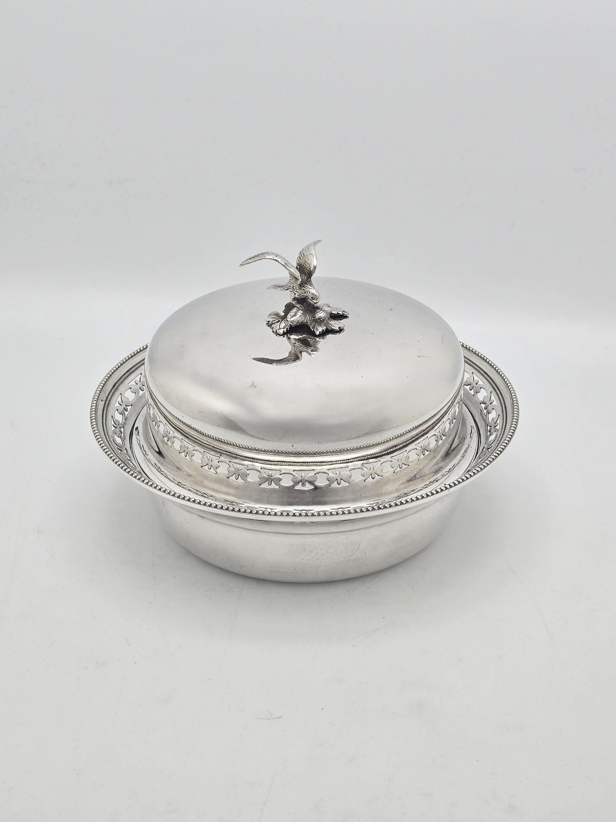 Antique Edwardian Silver Plated Covered Serving Dish Bird Finial circa 1905