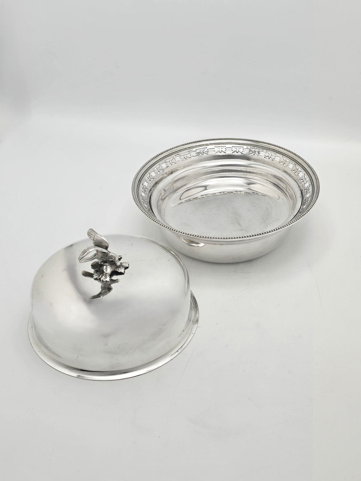 Antique Edwardian Silver Plated Covered Serving Dish Bird Finial circa 1905