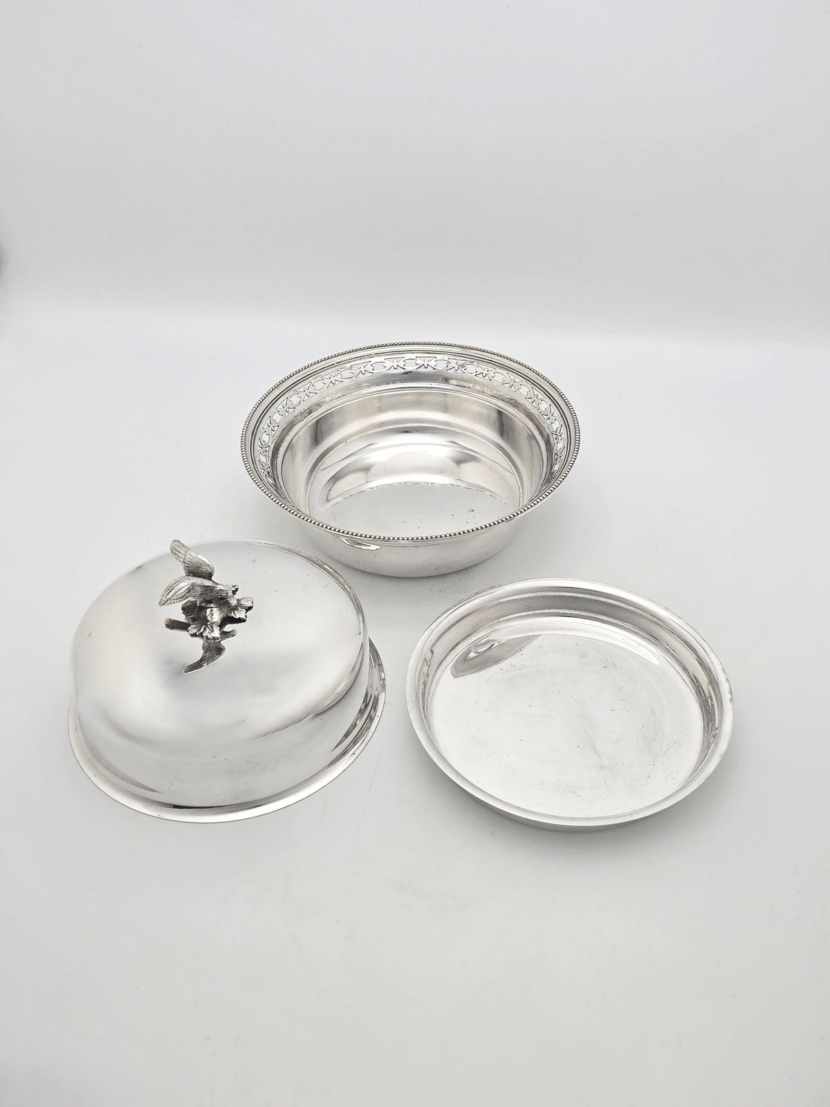 Antique Edwardian Silver Plated Covered Serving Dish Bird Finial circa 1905
