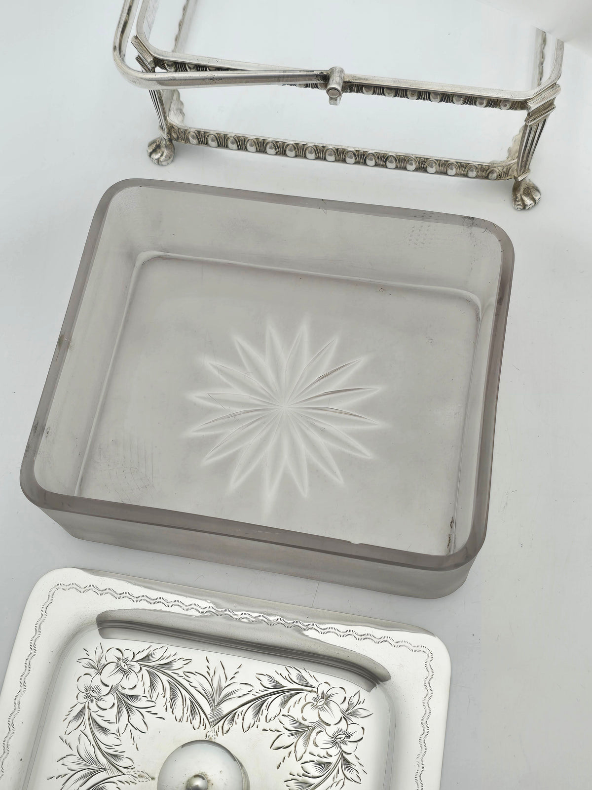 Antique Edwardian Silver Plated Frosted Glass Butter Dish circa 1905